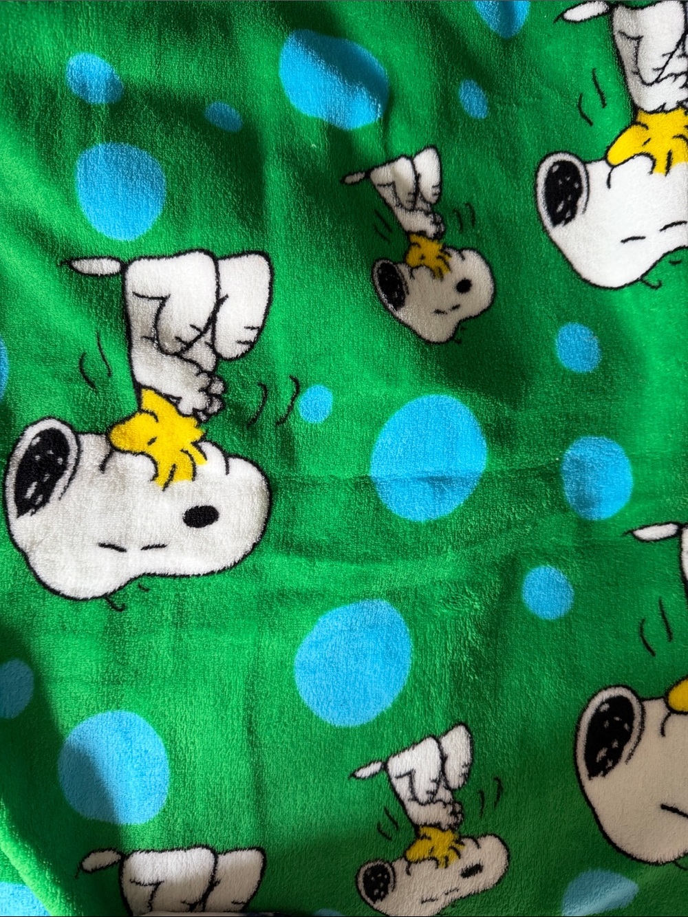 Peanuts Snoopy & Woodstock Green with Blue Polka Dots Fleece